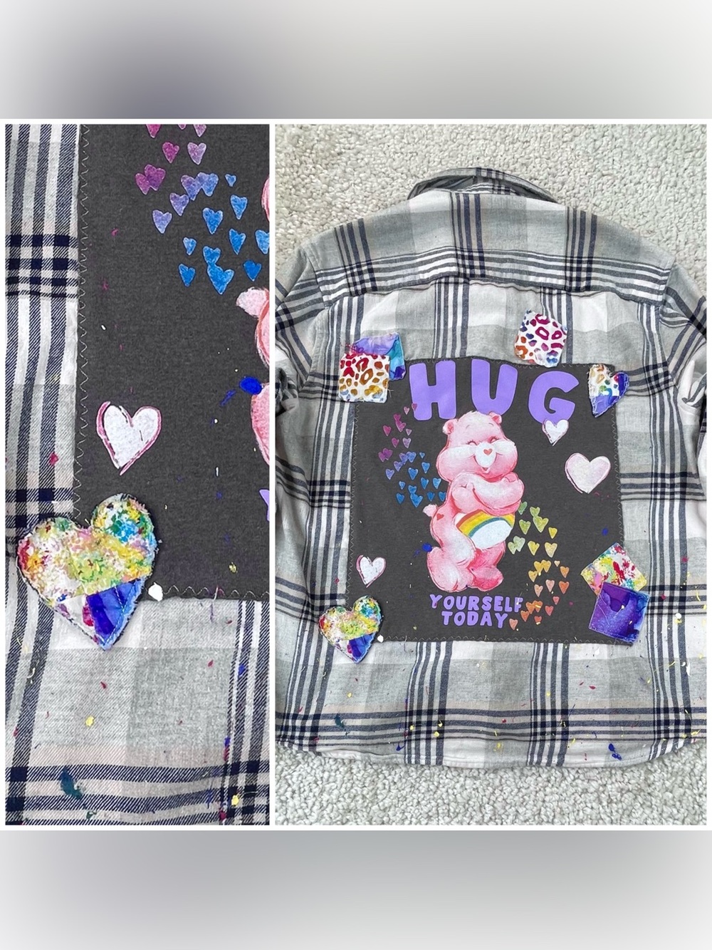 Upcycled Plaid Flannel. Care Bear Hug Colorful Distressed Rainbow Hearts Large